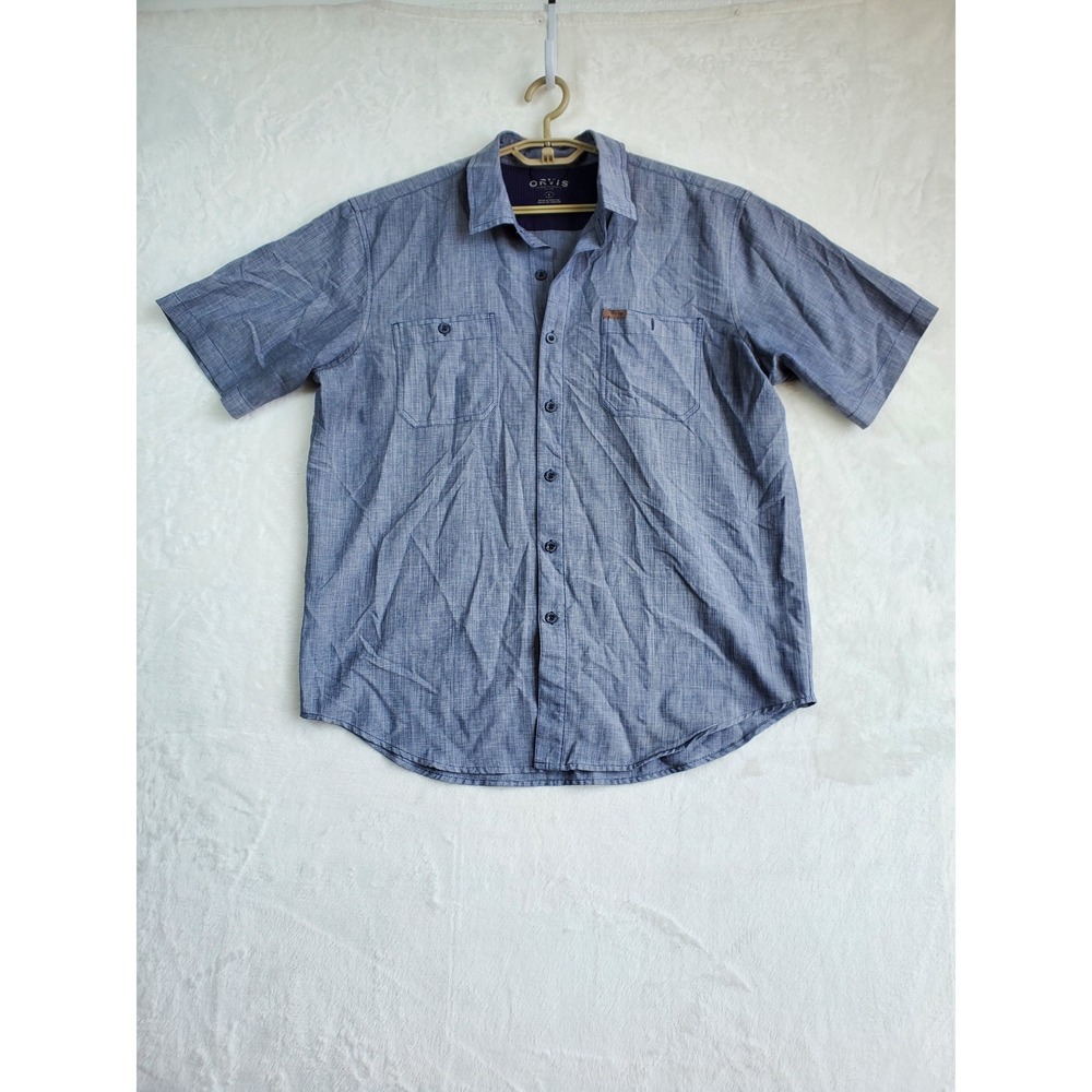 Orvis Tech Blue Short Sleeve Work Shirt Button Rugged Gorpcore L Rugged Heritage